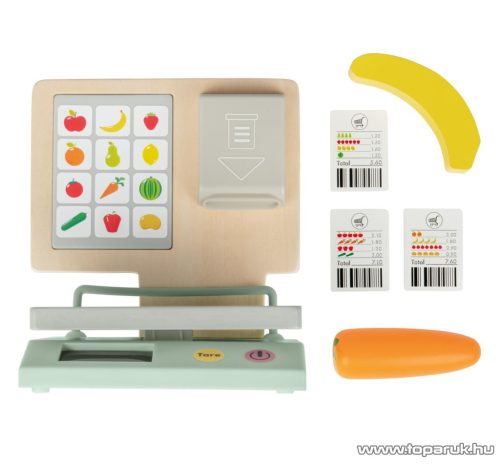 Playtive Premium KK-12945 Valódi fából és robusztus műanyagból készült játékos konyhai / bolti játék mérleg, 6 részes