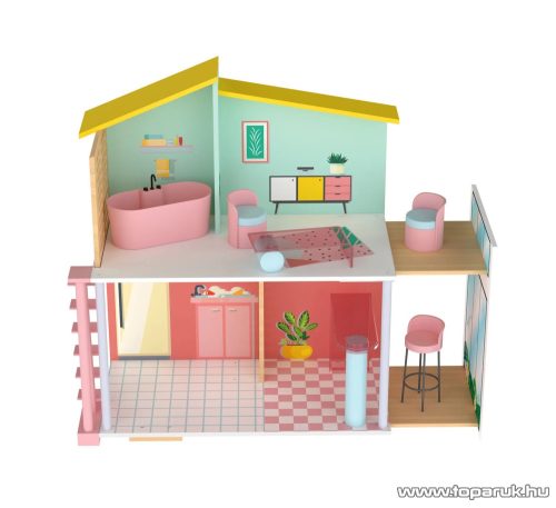 PlayTive PF-9186 Stella Fashion Doll House modern divatos kétszintes fa játék babaház 7 db kiegészítővel, 59 x 66 x 30 cm