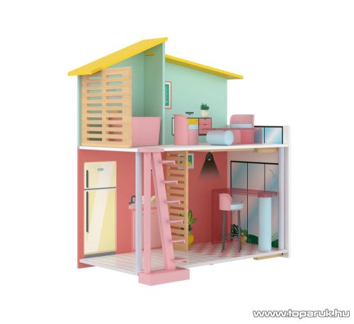 PlayTive PF-9186 Stella Fashion Doll House modern divatos kétszintes fa játék babaház 7 db kiegészítővel, 59 x 66 x 30 cm