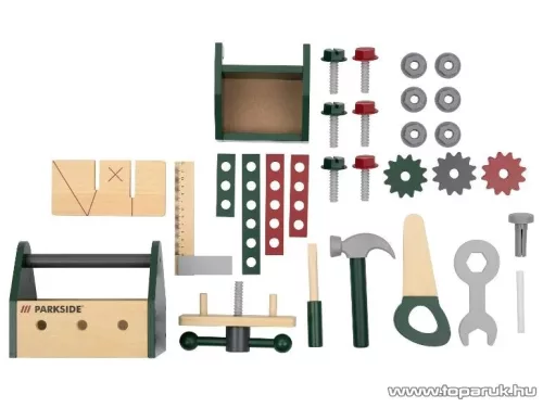 Playtive HG12532 OUTDOOR Workbench Kültéri, fából készült ParkSide játék munkapad, szerelőasztal szerszámokkal, 36 részes