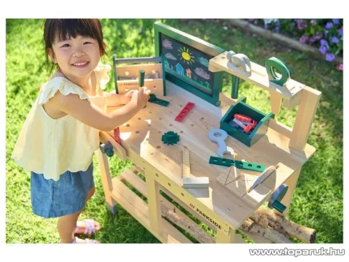 Playtive HG12532 OUTDOOR Workbench Kültéri, fából készült ParkSide játék munkapad, szerelőasztal szerszámokkal, 36 részes