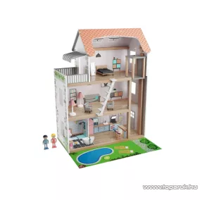  (SZÁLLÍTÁSI SÉRÜLT / K225490) PlayTive 3 szintes XXL elektromos világító rózsaszín fa babaház lépcsővel, lifttel és bútorokka, 64 x 80 x 31 cm, 54 részes