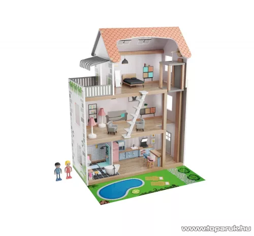 (SZÁLLÍTÁSI SÉRÜLT / K225490) PlayTive 3 szintes XXL elektromos világító rózsaszín fa babaház lépcsővel, lifttel és bútorokka, 64 x 80 x 31 cm, 54 részes
