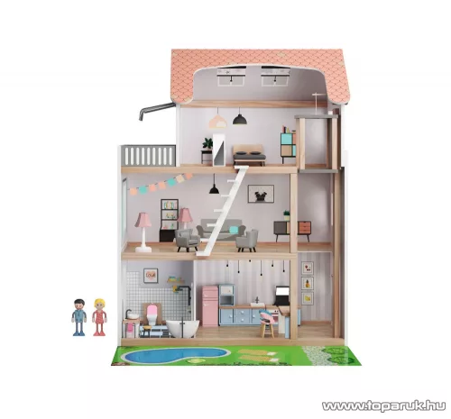(SZÁLLÍTÁSI SÉRÜLT / K225490) PlayTive 3 szintes XXL elektromos világító rózsaszín fa babaház lépcsővel, lifttel és bútorokka, 64 x 80 x 31 cm, 54 részes