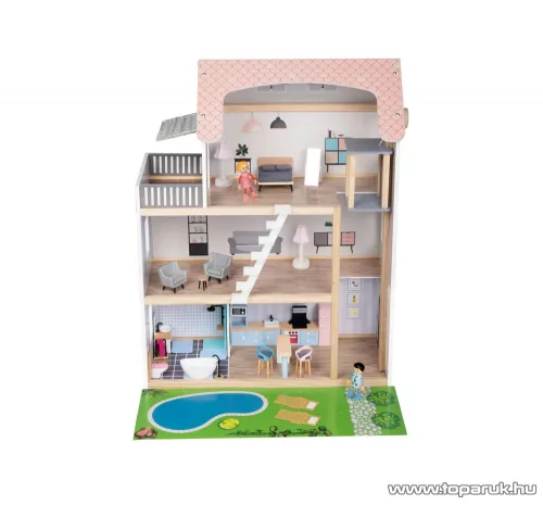 (SZÁLLÍTÁSI SÉRÜLT / K225490) PlayTive 3 szintes XXL elektromos világító rózsaszín fa babaház lépcsővel, lifttel és bútorokka, 64 x 80 x 31 cm, 54 részes