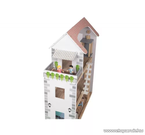 (SZÁLLÍTÁSI SÉRÜLT / K225490) PlayTive 3 szintes XXL elektromos világító rózsaszín fa babaház lépcsővel, lifttel és bútorokka, 64 x 80 x 31 cm, 54 részes