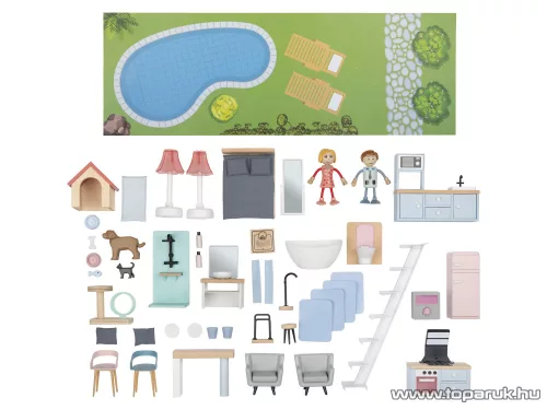 (SZÁLLÍTÁSI SÉRÜLT / K225490) PlayTive 3 szintes XXL elektromos világító rózsaszín fa babaház lépcsővel, lifttel és bútorokka, 64 x 80 x 31 cm, 54 részes