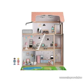   PlayTive 3 szintes XXL elektromos világító rózsaszín fa babaház lépcsővel, lifttel és bútorokka, 64 x 80 x 31 cm, 54 részes