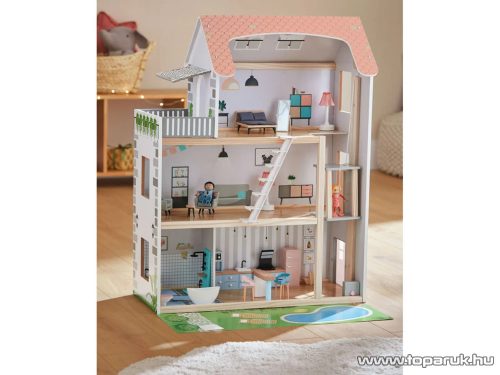 PlayTive 3 szintes XXL elektromos világító rózsaszín fa babaház lépcsővel, lifttel és bútorokka, 64 x 80 x 31 cm, 54 részes