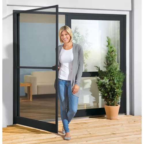 Livarno Home QA801/BK Komplett nyitható szúnyoghálós ajtó alumínium kerettel, rovarhálóval, zsanérokkal, 210 x 100 cm, antracit