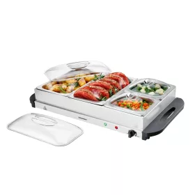 SilverCrest SBW 300 A2 INOX 4 rekeszes büfé melegentartó ételekkel, fedeles acéltálakkal