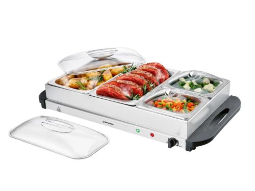 SilverCrest SBW 300 A2 INOX 4 rekeszes büfé melegentartó ételekkel, fedeles acéltálakkal