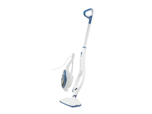 SilverCrest SDM 1500 E1 gőzölős felmosó behajtott fogantyúval a helytakarékos és kompakt tárolás bemutatására.