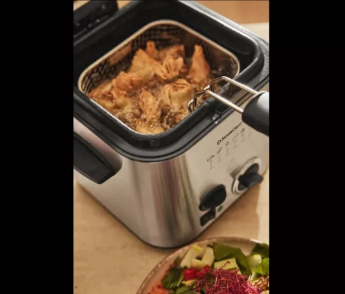 (BONTOTT / K738960) SilverCrest SFM 840 B2 INOX nemesacél mini olajsütő, 1-2 személyes fritőz, 1.2 literes, 840 W