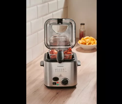 (BONTOTT / K738960) SilverCrest SFM 840 B2 INOX nemesacél mini olajsütő, 1-2 személyes fritőz, 1.2 literes, 840 W