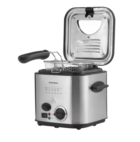 SilverCrest SFM 840 B2 INOX nemesacél mini olajsütő, 1-2 személyes fritőz, 1.2 literes, 840 W