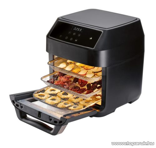 (bontott 888143) SilverCrest SHF 1800 C1 Air Fryer 9 az 1-ben grillcsirke / kebab / forrólevegős / légkeveréses digitális sütő forgó grillel, sütőkosárral + 3 sütőráccsal, belső világítással, 12 literes