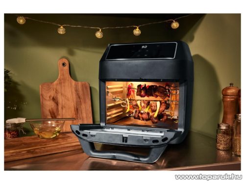 (bontott 888143) SilverCrest SHF 1800 C1 Air Fryer 9 az 1-ben grillcsirke / kebab / forrólevegős / légkeveréses digitális sütő forgó grillel, sütőkosárral + 3 sütőráccsal, belső világítással, 12 literes