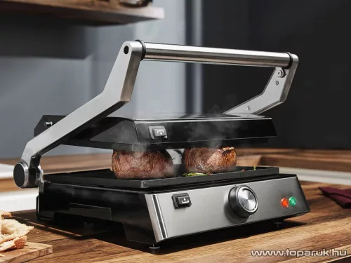 (ESZTÉTIKAI SÉRÜLT / K871758) SilverCrest SKGE 2000 D3 INOX Asztali elektromos kontaktgrill, kivehető ILAG bevonatú sütőlapokkal, 2000W