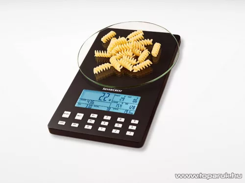 SilverCrest SNAW 1000 D2 Digitális, üveglapos tápértékelemző konyhai mérleg, 1g / 5kg, fekete