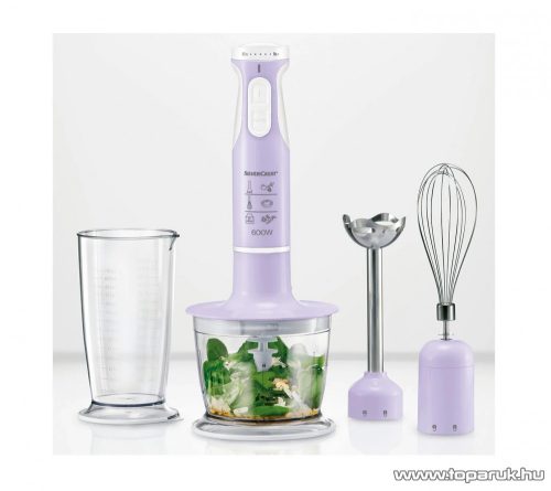 SilverCrest SSMS 600 E3 PI INOX rozsdamentes botmixer szett, rúdmixer készlet aprítóval és habverővel, 600 W, levendula lila