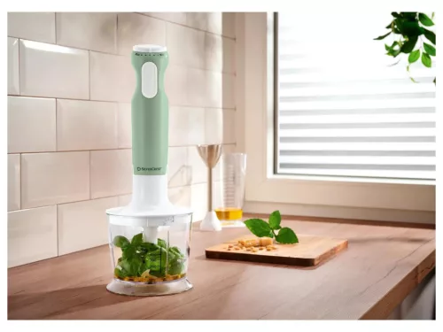 SilverCrest SSMS 600 G1 GR Nemesacél 2 az 1-ben botmixer szett, rúdmixer készlet 500 ml aprítóval, 700 ml keverőpohárral, menta zöld, 600 W