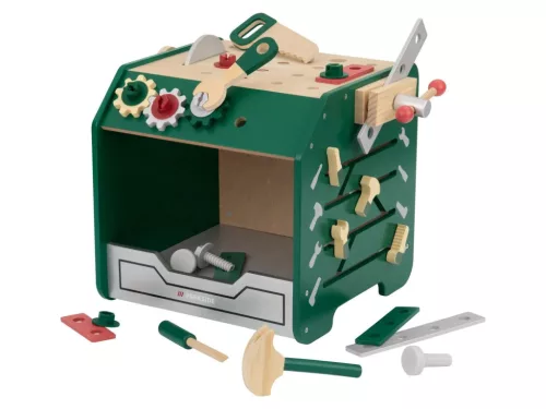 lupilu (Playtive) ParkSide Workbench ACTIVITY CUBE Fából készült játék munkapad (műhely kocka) kiegészítőkkel, 24 részes