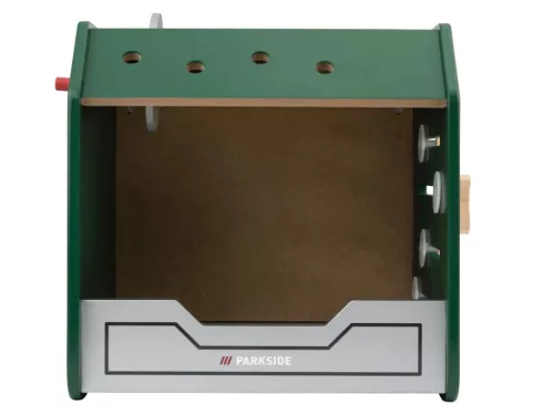 lupilu (Playtive) ParkSide Workbench ACTIVITY CUBE Fából készült játék munkapad (műhely kocka) kiegészítőkkel, 24 részes