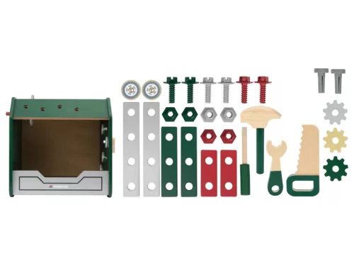 lupilu (Playtive) ParkSide Workbench ACTIVITY CUBE Fából készült játék munkapad (műhely kocka) kiegészítőkkel, 24 részes