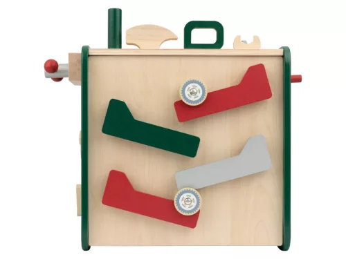 lupilu (Playtive) ParkSide Workbench ACTIVITY CUBE Fából készült játék munkapad (műhely kocka) kiegészítőkkel, 24 részes