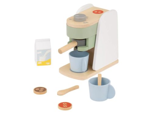 lupilu (Playtive) KU-16564 Játék fa kávéfőző gép készlet kávépárnával, tejes dobozzal, kanállal, műanyag csészével (9 részes)