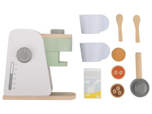 lupilu (Playtive) KU-16564 Játék fa kávéfőző gép készlet kávépárnával, tejes dobozzal, kanállal, műanyag csészével (9 részes)