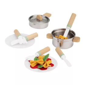  lupilu (Playtive) KU-16568 Játék fa konyhai edény készlet fém serpenyővel, főzőedénnyel, műanyag tányérral, tésztával, tükörtojással (18 részes)