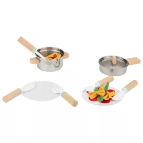   lupilu (Playtive) KU-16568 Játék fa konyhai edény készlet fém serpenyővel, főzőedénnyel, műanyag tányérral, tésztával, tükörtojással (18 részes)