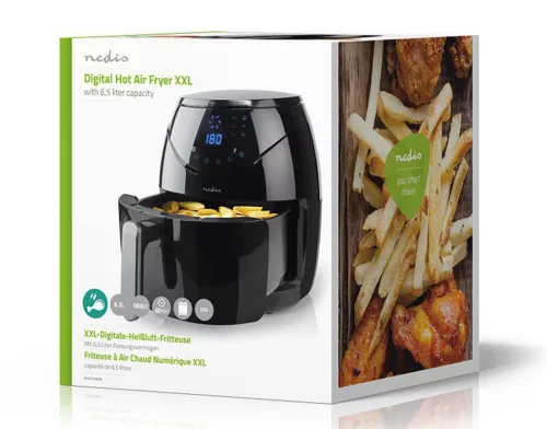 Nedis Air Fryer XXL Digitális forrólevegős olajsütő, 6,5 literes, 1800 W (KAAF250EBK)