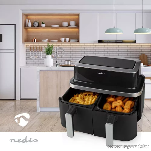 (HASZNÁLT / ESZTÉTIKAI SÉRÜLT / 384784) Nedis Air Fryer DOUBLE XL Digitális, dupla tartályos forrólevegős sütő, 2 x 4,2 literes, 2600 W (KAAF320BK)