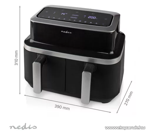 (HASZNÁLT / ESZTÉTIKAI SÉRÜLT / 384784) Nedis Air Fryer DOUBLE XL Digitális, dupla tartályos forrólevegős sütő, 2 x 4,2 literes, 2600 W (KAAF320BK)