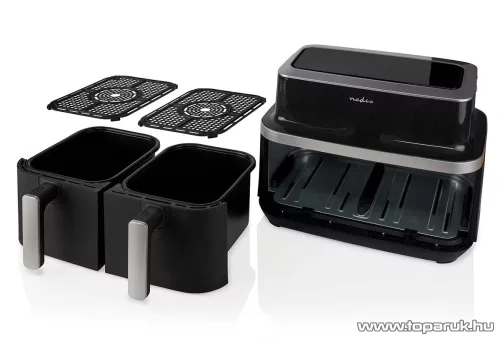 (HASZNÁLT / ESZTÉTIKAI SÉRÜLT / 384784) Nedis Air Fryer DOUBLE XL Digitális, dupla tartályos forrólevegős sütő, 2 x 4,2 literes, 2600 W (KAAF320BK)