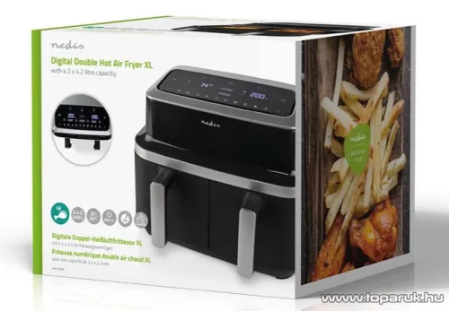 (HASZNÁLT / ESZTÉTIKAI SÉRÜLT / 384784) Nedis Air Fryer DOUBLE XL Digitális, dupla tartályos forrólevegős sütő, 2 x 4,2 literes, 2600 W (KAAF320BK)