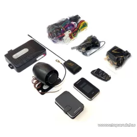   EASYCAR E7III-A Autóriasztó, 1 db LCD + 1 db kiegészítő távirányítóval, sziréna, rezgésérzékelő, antenna, USB funkcióval