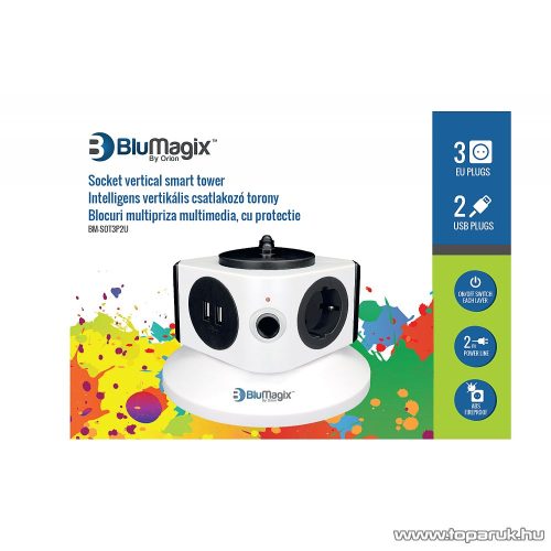 BluMagix BM-SOT3P2U Kapcsolós 3 db csatlakozós európai csatlakozó torony, 2 USB porttal