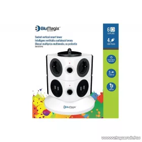   BluMagix BM-SOT6P4U Kapcsolós 6 db csatlakozós európai csatlakozó torony, 4 USB porttal