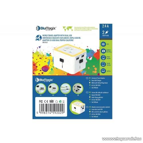 BluMagix BM-UTA2U Univerzális utazó hálózati adapter csatlakozó, dupla USB porttal