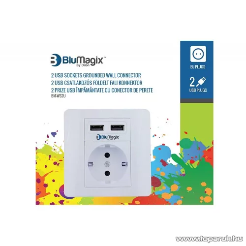 BluMagix BM-WS2U Földelt fali konnektor, 2 USB csatlakozóval, fehér