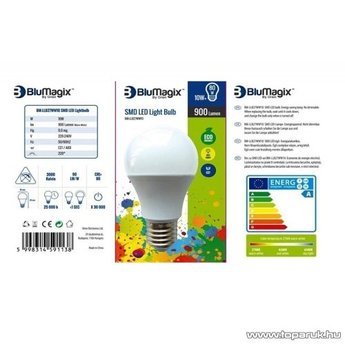 BluMagix BM-LLB27WW10 Energia takarékos SMD LED égő, 10W, E27 foglalat, meleg fehér