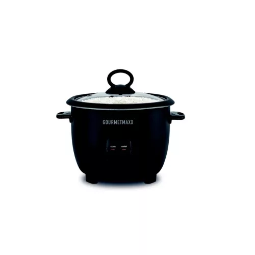 GOURMETMAXX DS14655 rozsdamentes rizsfőző nyitott fedéllel és a tartozékokkal.
