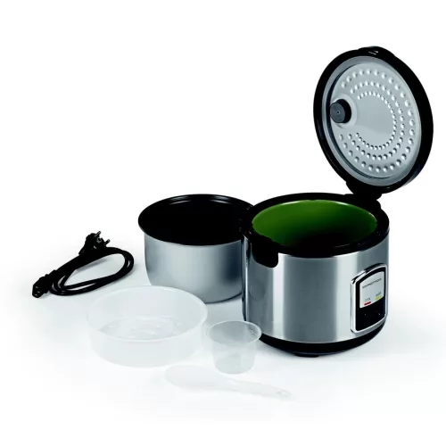 GOURMETMAXX DS14655 rozsdamentes rizsfőző nyitott fedéllel és a tartozékokkal.