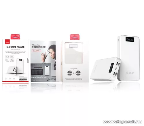 Yoobao MASTER M20 Plus LCD kijelzős vésztöltő, külső akkumulátor, Power Bank, 20.000 mAh, fehér