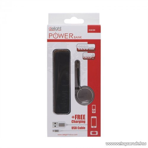 Delight Power bank hordozható, újratölthető, univerzális energiaforrás, univerzális külső akkumulátor, 2200 mAh, fekete (55381BK) - megszűnt termék: 2018. november