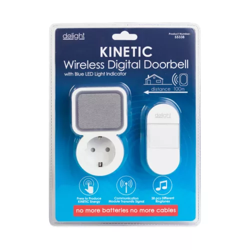 delight 55338 Digitális elem- és vezeték nélküli Kinetic csengő, fehér (hatótávolság max. 150 m)